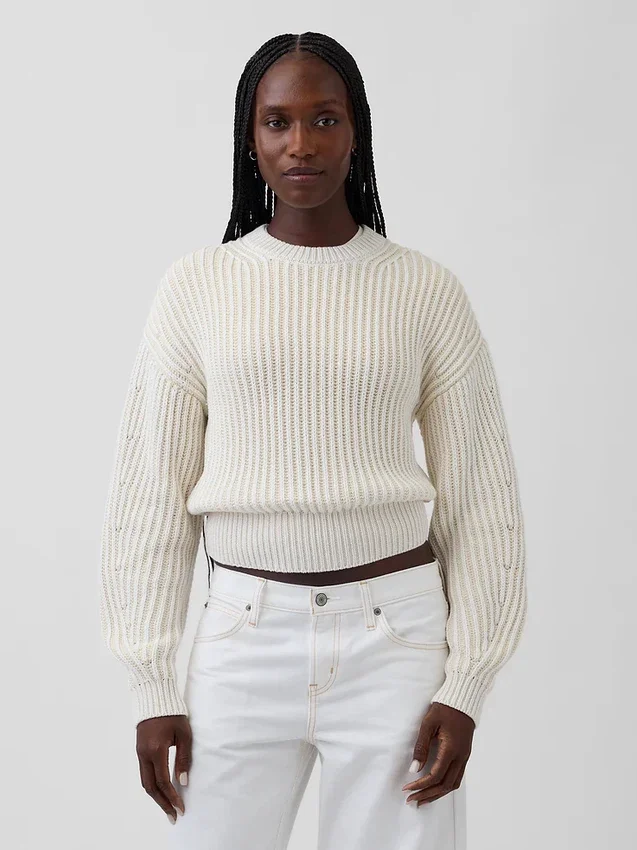 100% Cotton Barrel-Sleeve Crop Sweater