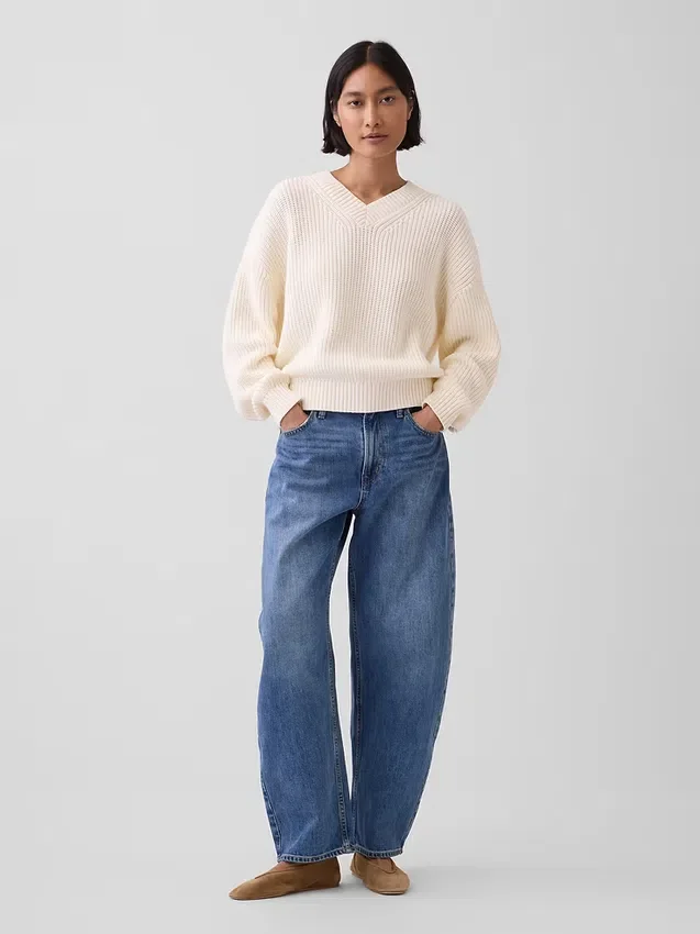 100% Cotton Oversized Shaker V-Neck Sweater