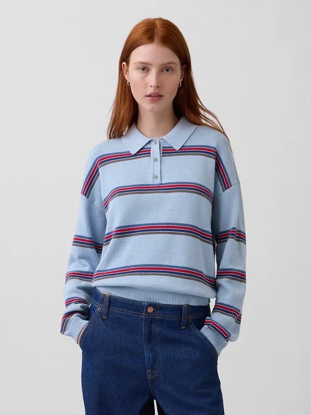 100% Cotton Relaxed Polo Sweater
