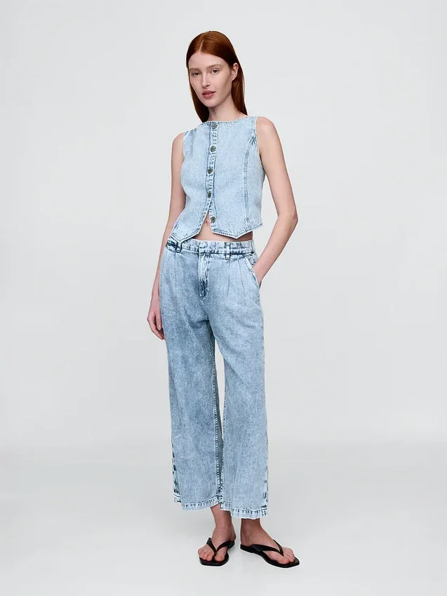 365 High Rise Ultrasoft Denim Pleated Ankle Trousers