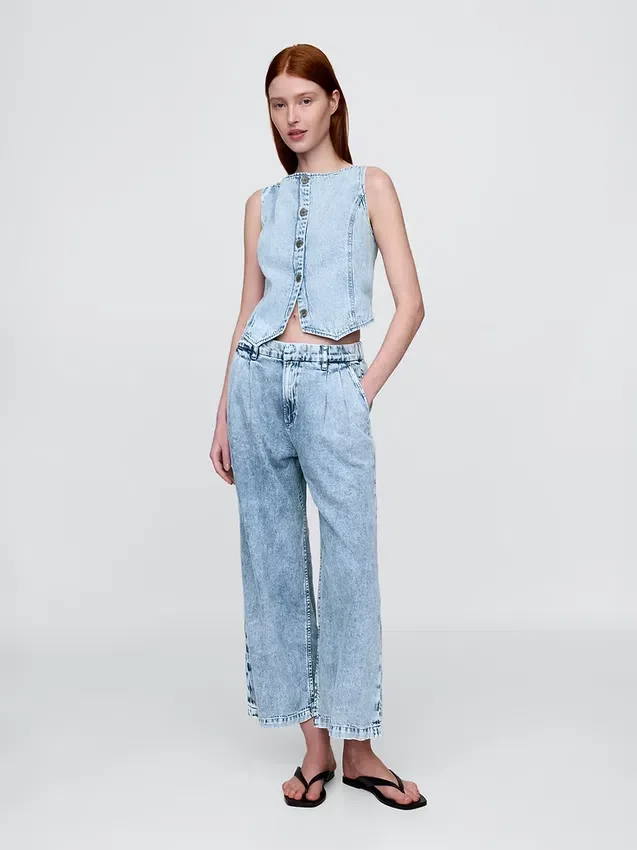 365 High Rise Ultrasoft Denim Pleated Ankle Trousers