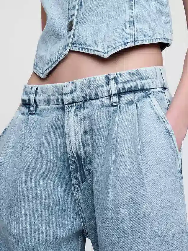 365 High Rise Ultrasoft Denim Pleated Ankle Trousers