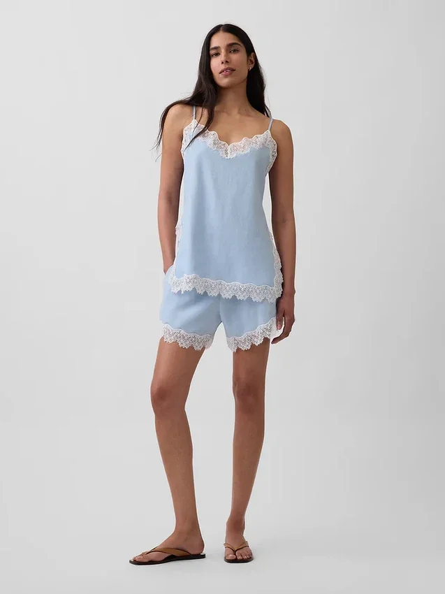 4" Mid Rise Linen-Blend Lace-Trim Shorts