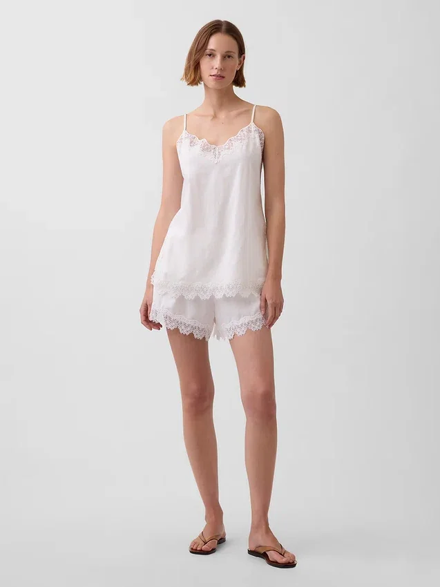 4" Mid Rise Linen-Blend Lace-Trim Shorts