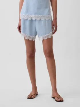 4″ Mid Rise Linen-Blend Lace-Trim Shorts