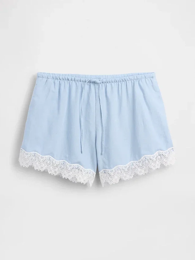 4" Mid Rise Linen-Blend Lace-Trim Shorts