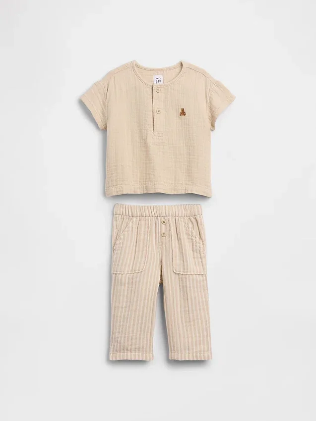 Baby Cotton Gauze Henley Outfit Set