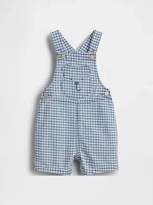 Baby Gingham Denim Bear Pocket Shortalls