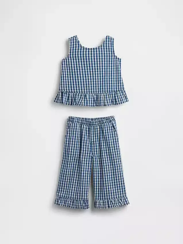 Baby & Toddler Gingham Denim Ruffle-Hem Outfit Set