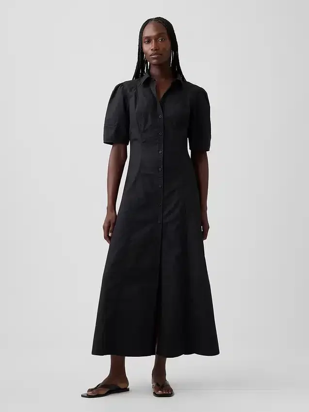 Barrel-Sleeve Maxi Shirtdress