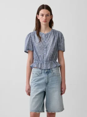 Button-Front Crop Peplum Top