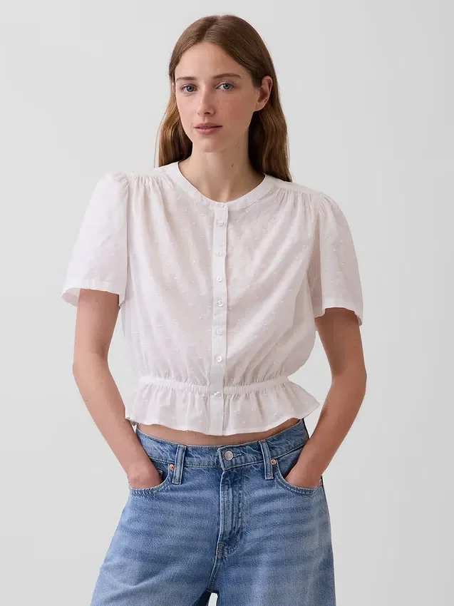 Button-Front Crop Peplum Top