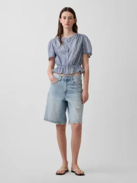 Button-Front Crop Peplum Top