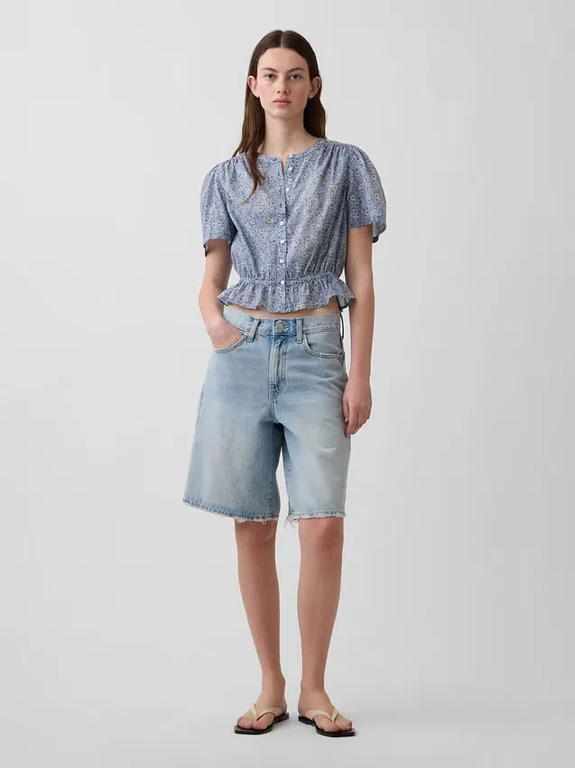 Button-Front Crop Peplum Top