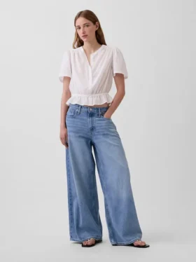 Button-Front Crop Peplum Top