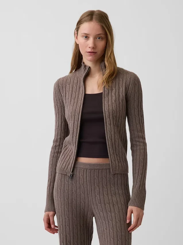 Cashsoft Cable-Knit Crop Zip Cardigan