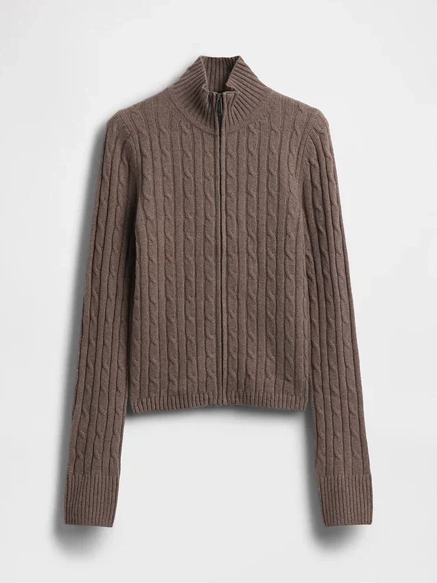 Cashsoft Cable-Knit Crop Zip Cardigan
