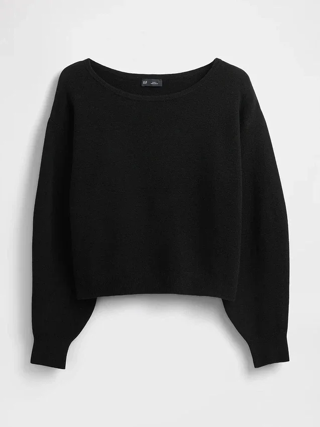 Cashsoft Stretch Lantern-Sleeve Crop Sweater