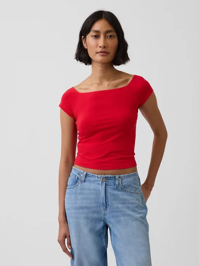 Closeknit Jersey Off-Shoulder Crop T-Shirt