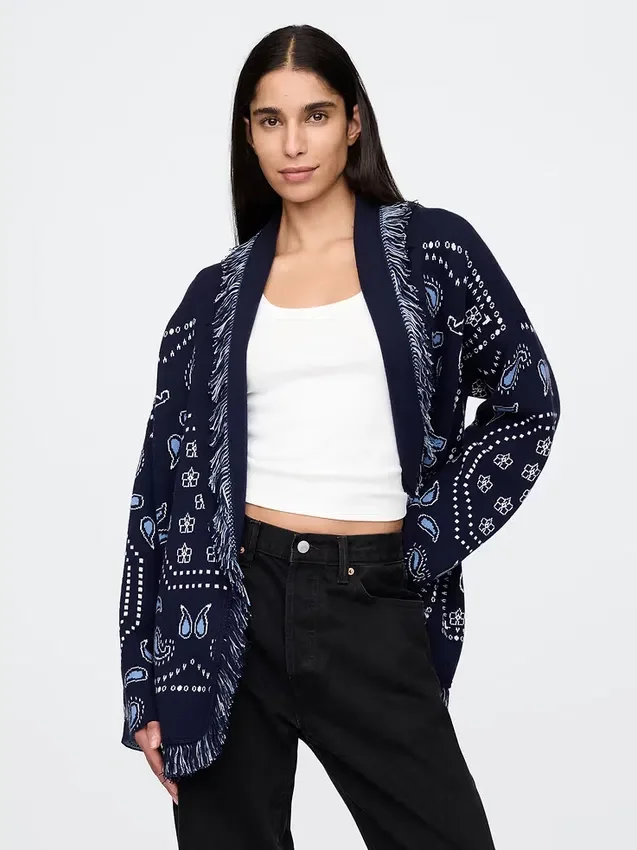 Cotton-Blend Fringe Shawl Cardigan