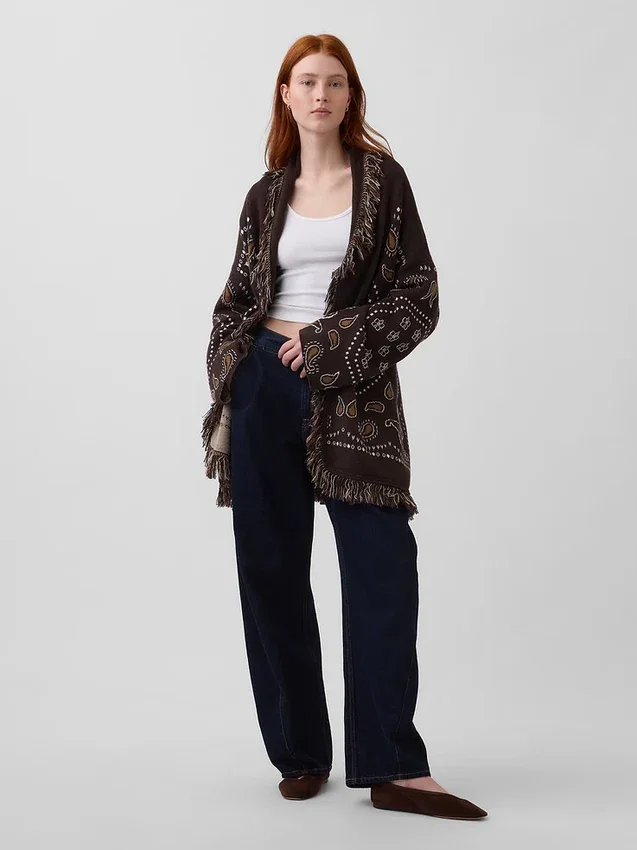 Cotton-Blend Fringe Shawl Cardigan