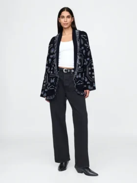 Cotton-Blend Fringe Shawl Cardigan