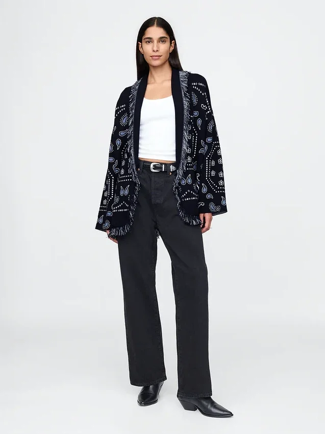 Cotton-Blend Fringe Shawl Cardigan