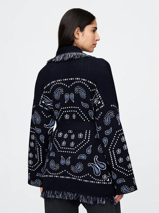 Cotton-Blend Fringe Shawl Cardigan