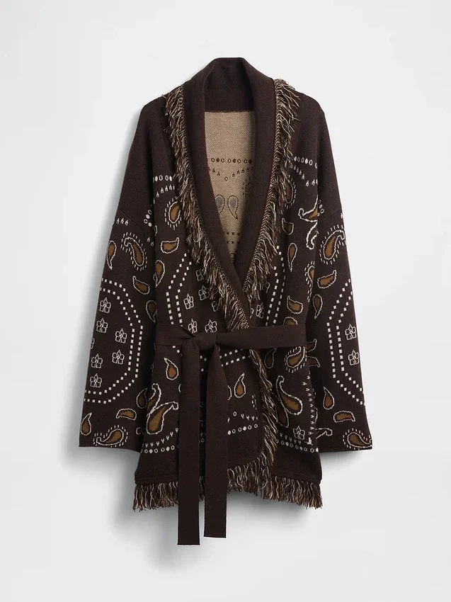 Cotton-Blend Fringe Shawl Cardigan