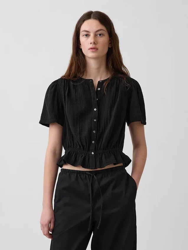 Cotton Gauze Crop Peplum Top