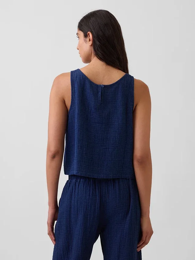Cotton Gauze Denim Crop Shell Tank Top