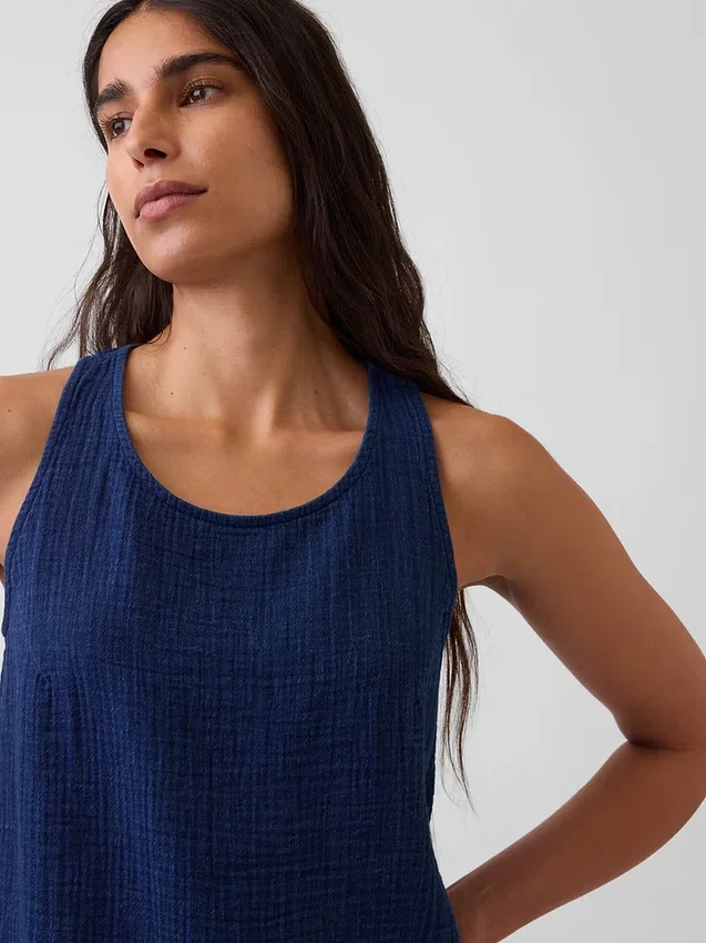 Cotton Gauze Denim Crop Shell Tank Top