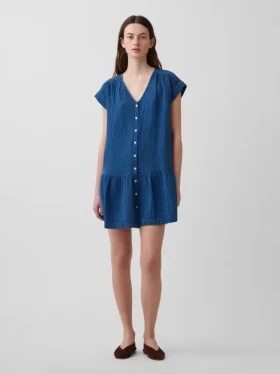 Cotton Gauze Denim Drop-Waist Mini Shirtdress
