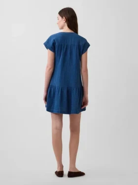 Cotton Gauze Denim Drop-Waist Mini Shirtdress