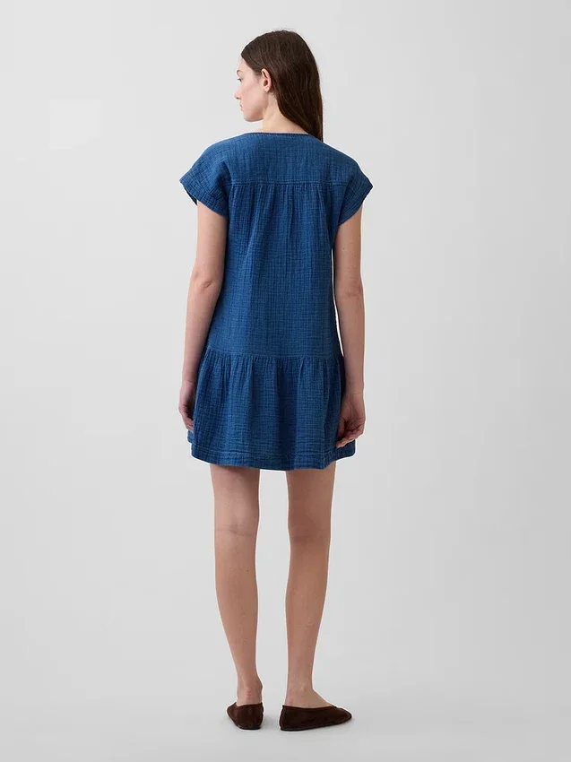 Cotton Gauze Denim Drop-Waist Mini Shirtdress