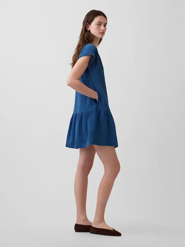Cotton Gauze Denim Drop-Waist Mini Shirtdress