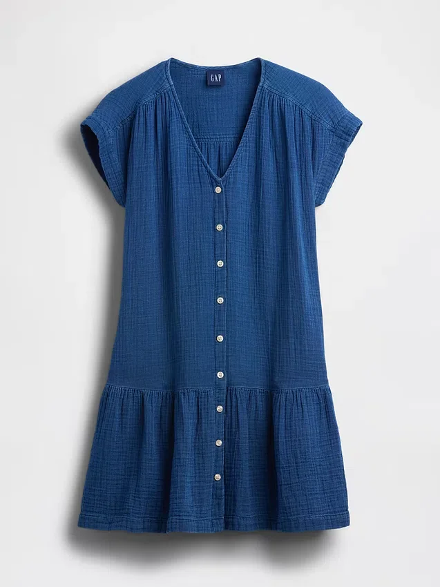 Cotton Gauze Denim Drop-Waist Mini Shirtdress