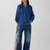 Cotton Gauze Denim Oversized Collarless Shirt