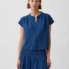 Cotton Gauze Denim Oversized Split-Neck Top