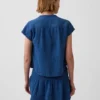 Cotton Gauze Denim Oversized Split-Neck Top