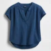 Cotton Gauze Denim Oversized Split-Neck Top