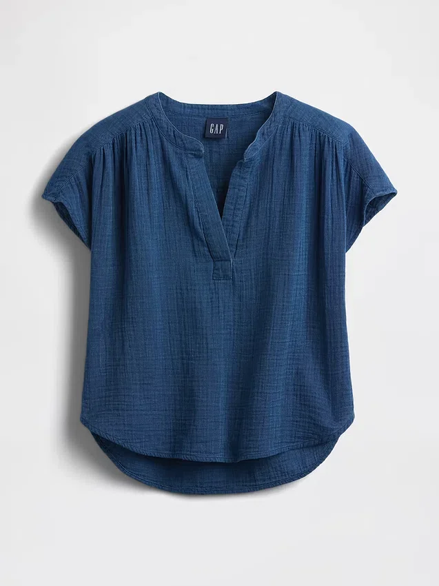 Cotton Gauze Denim Oversized Split-Neck Top