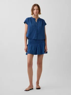 Cotton Gauze Denim Smocked-Waist Mini Skort