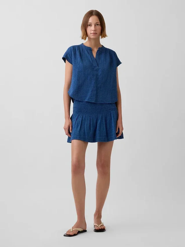 Cotton Gauze Denim Smocked-Waist Mini Skort