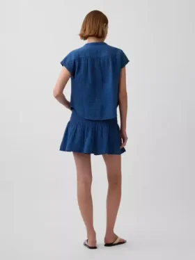 Cotton Gauze Denim Smocked-Waist Mini Skort