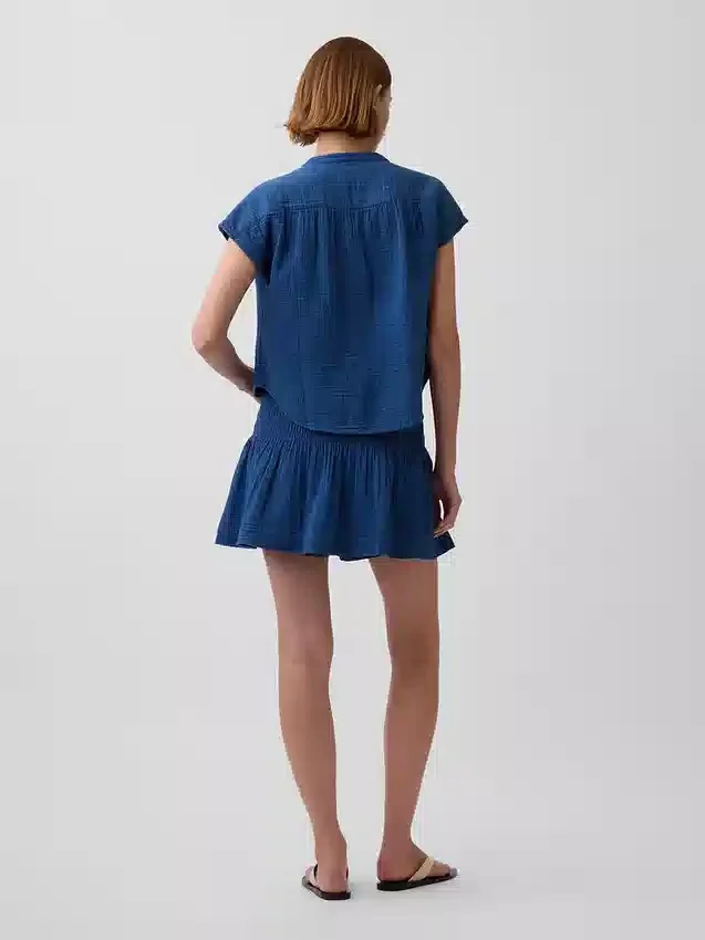 Cotton Gauze Denim Smocked-Waist Mini Skort