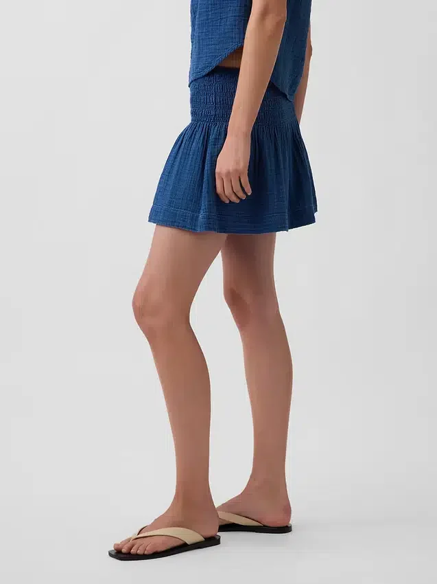 Cotton Gauze Denim Smocked-Waist Mini Skort