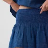 Cotton Gauze Denim Smocked-Waist Mini Skort