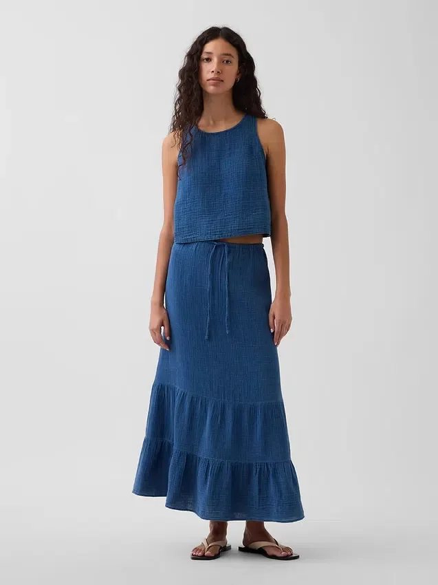 Cotton Gauze Denim Tiered Easy Maxi Skirt