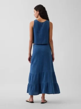 Cotton Gauze Denim Tiered Easy Maxi Skirt